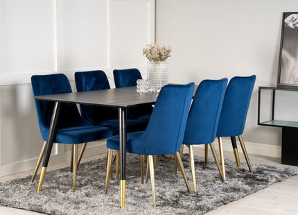 Venture Home Dipp & Velvet Deluxe Rektangulära Matbord 180 x 90 Svart + Matstolar 2-pack Blå