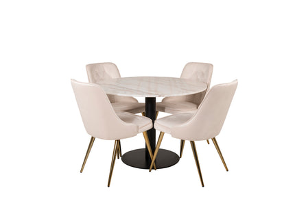 Venture Home Estelle & Velvet Deluxe Runda Matbord ⌀106 Vit + Matstolar 2-pack Beige