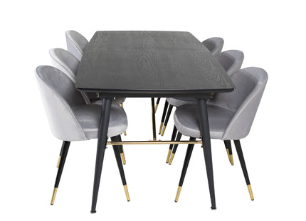 Venture Home Gold & Velvet Rektangulära Matbord 180 x 85 Svart + Matstolar 2-pack Grå