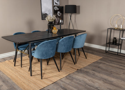 Venture Home Gold & Velvet Rektangulära Matbord 180 x 85 Svart + Matstolar 2-pack Blå