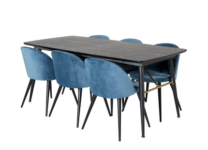 Venture Home Gold & Velvet Rektangulära Matbord 180 x 85 Svart + Matstolar 2-pack Blå