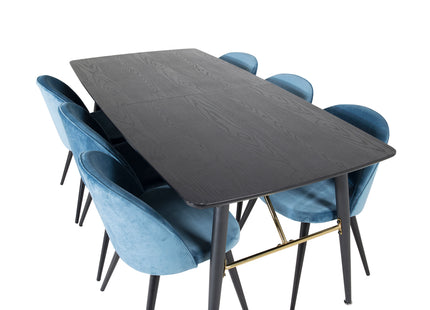 Venture Home Gold & Velvet Rektangulära Matbord 180 x 85 Svart + Matstolar 2-pack Blå