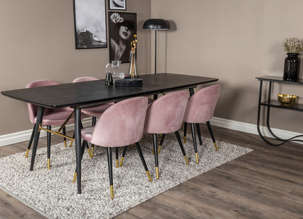 Venture Home Gold & Velvet Rektangulära Matbord 180 x 85 Svart + Matstolar 2-pack Dammig rosa