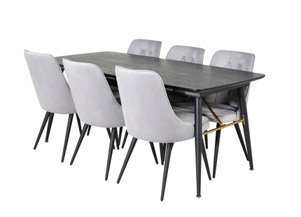 Venture Home Gold & Velvet Deluxe Rektangulära Matbord 180 x 85 Svart + Matstolar 2-pack Ljusgrå