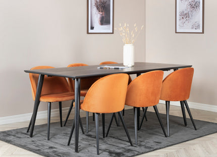 Venture Home Dipp & Velvet Rektangulära Matbord 180 x 90 Svart + Matstolar 2-pack Rostig orange