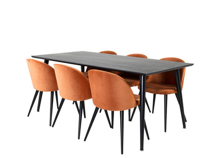 Venture Home Dipp & Velvet Rektangulära Matbord 180 x 90 Svart + Matstolar 2-pack Rostig orange