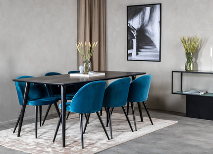 Venture Home Dipp & Velvet Rektangulära Matbord 180 x 90 Svart + Matstolar 2-pack Blå