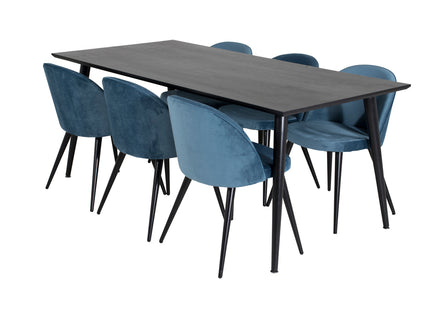 Venture Home Dipp & Velvet Rektangulära Matbord 180 x 90 Svart + Matstolar 2-pack Blå