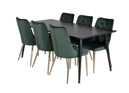 Venture Home Dipp & Velvet Deluxe Rektangulära Matbord 180 x 90 Svart + Matstolar 2-pack Grön