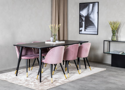 Venture Home Dipp & Velvet Rektangulära Matbord 180 x 90 Svart + Matstolar 2-pack Dammig rosa