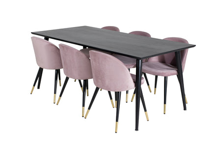 Venture Home Dipp & Velvet Rektangulära Matbord 180 x 90 Svart + Matstolar 2-pack Dammig rosa
