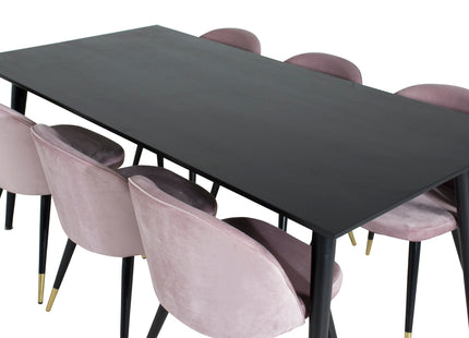 Venture Home Dipp & Velvet Rektangulära Matbord 180 x 90 Svart + Matstolar 2-pack Dammig rosa