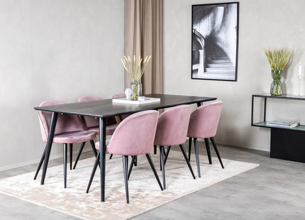 Venture Home Dipp & Velvet Rektangulära Matbord 180 x 90 Svart + Matstolar 2-pack Dammig rosa