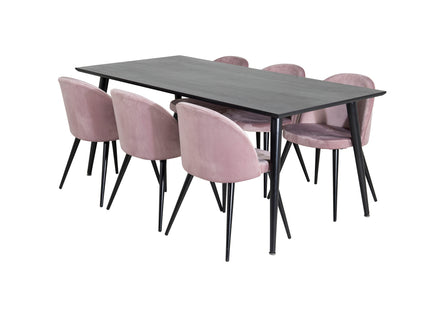 Venture Home Dipp & Velvet Rektangulära Matbord 180 x 90 Svart + Matstolar 2-pack Dammig rosa