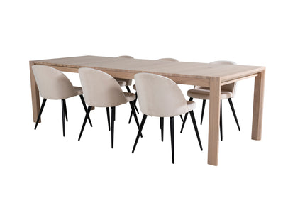 Vind & Venture Home Slider & Velvet Rektangulära Matbord 170 x 95 Whitewash + Matstolar 2-pack Beige