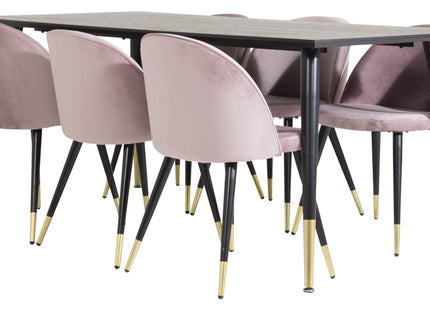Venture Home Dipp & Velvet Rektangulära Matbord 180 x 90 Svart + Matstolar 2-pack Dammig rosa