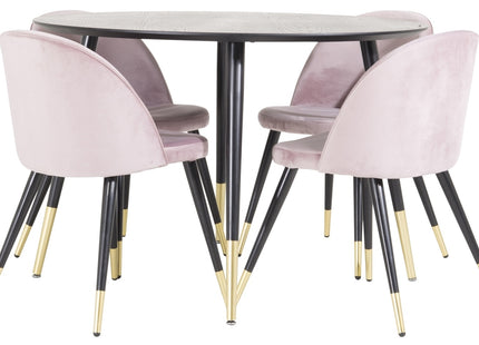 Venture Home Dipp & Velvet Runda Matbord ⌀115 Svart + Matstolar 2-pack Dammig rosa
