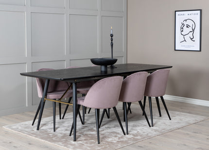 Venture Home Gold & Velvet Rektangulära Matbord 180 x 85 Svart + Matstolar 2-pack Dammig rosa
