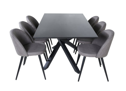 Venture Home Velvet & Piazza Matstolar 2-pack Grå + Rektangulära Matbord 180 x 90 Svart