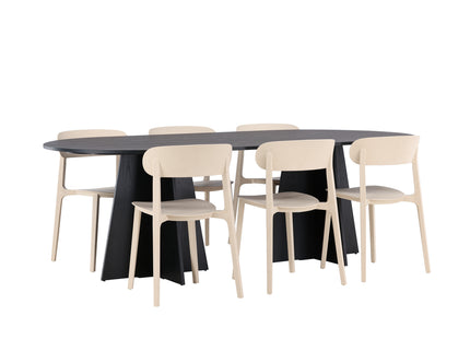 Venture Home Bootcut & Åstol Ovala Matbord 230 x 115 Svart + Matstolar 2-pack Beige