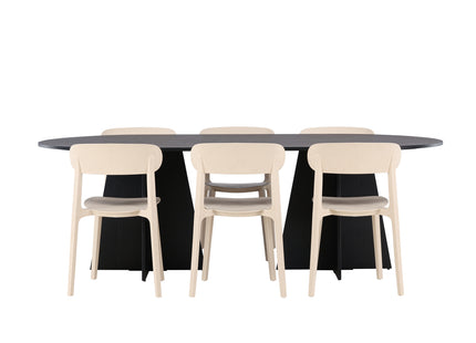 Venture Home Bootcut & Åstol Ovala Matbord 230 x 115 Svart + Matstolar 2-pack Beige