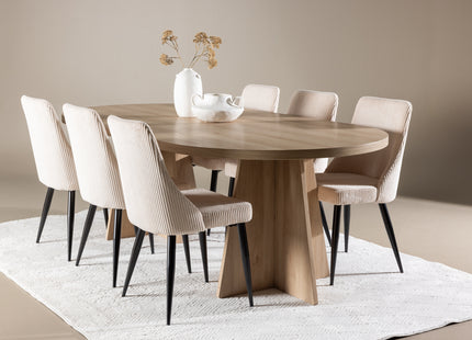Venture Home Bootcut & Leone Ovala Matbord 230 x 115 Nature + Matstolar 2-pack Beige