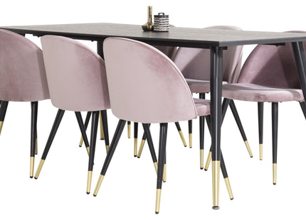 Venture Home Dipp & Velvet Rektangulära Matbord 180 x 90 Svart + Matstolar 2-pack Dammig rosa